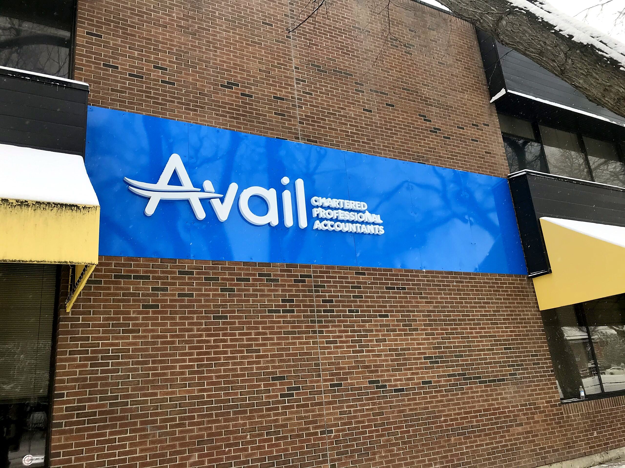 Avail Chartered Professional Accountants dimensional letter sign on a blue fascia across a brick building